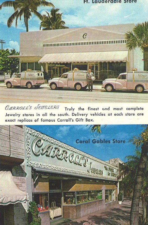 A vintage postcard featuring Carroll’s Jewelers delivery fleet and storefronts, including the iconic Coral Gables store on Miracle Mile. The vehicles were designed to look like Carroll’s signature gift boxes, a nod to the brand’s creative marketing and long-standing presence in South Florida. Historic photo of Carroll's Jewelers storefronts and branded delivery cars shaped like gift boxes, including the Coral Gables location on Miracle Mile in South Florida.
