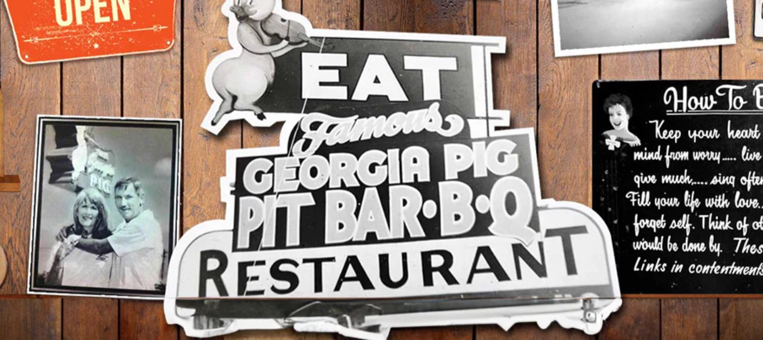 Vintage signage and memorabilia from the Georgia Pig BBQ in Fort Lauderdale, featuring its iconic “Eat Famous Georgia Pig Pit Bar-B-Q” sign and a photo of longtime owners. A visual snapshot of a family-run Southern barbecue tradition dating back to 1953. Historic Georgia Pig BBQ sign with pig mascot and black-and-white photos of past owners, celebrating the Fort Lauderdale restaurant’s legacy since 1953.